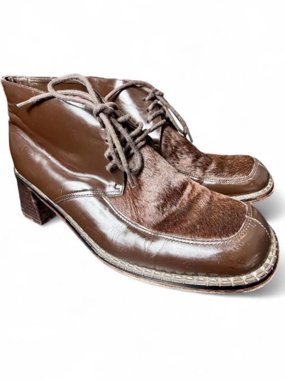 Vintage 90s Hugo Buscati Brown Calf Hair & Leather Lace Up Chunky Boots Size 9